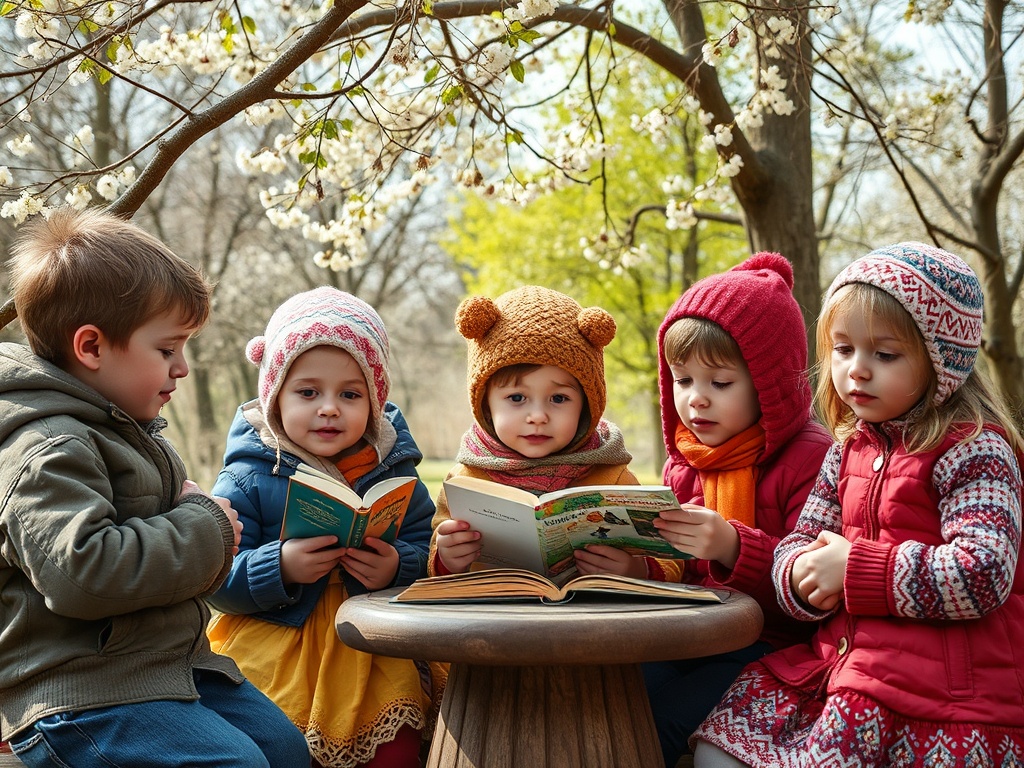 На изображении группа детей читает книги под цветущими деревьями в парке.