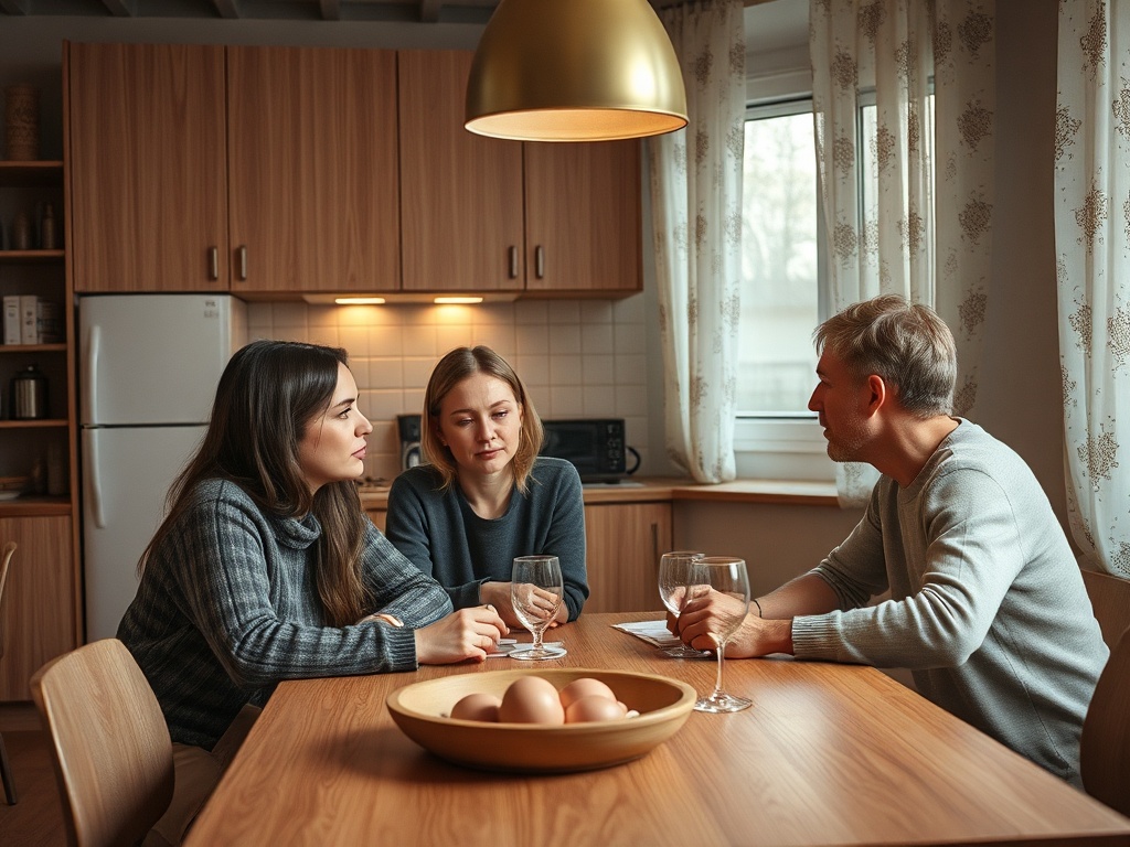 Трое людей сидят за столом, разговаривают и наслаждаются напитками в уютной кухне. На столе яйца.