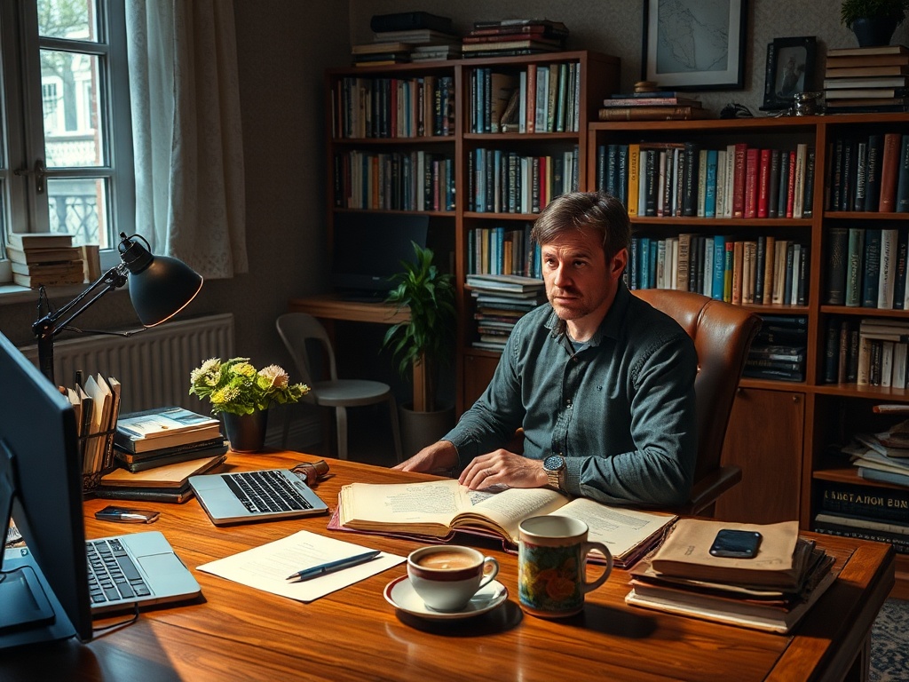 Человек сидит за письменным столом с книгами и ноутбуком, в уютной библиотеке на фоне.