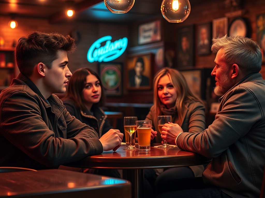 Четыре человека за столом в баре беседуют и пьют напитки, окруженные атмосферными огнями и декором.