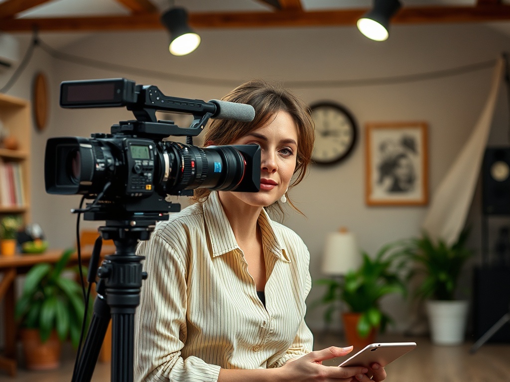 Женщина сидит у видеокамеры и смотрит в сторону, держа в руках смартфон. На заднем плане виден интерьер.