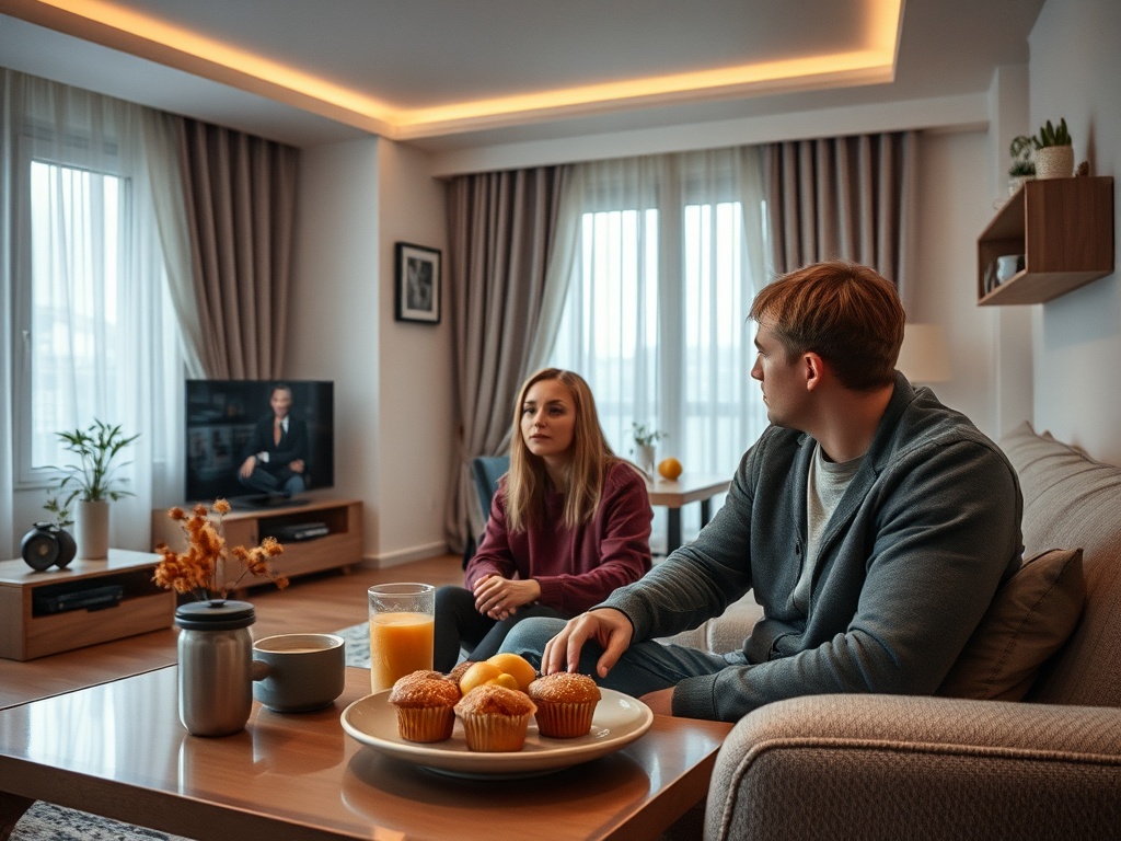 Два человека сидят в уютной комнате с телевизором, десертом и напитками на столе. Спокойная атмосфера.