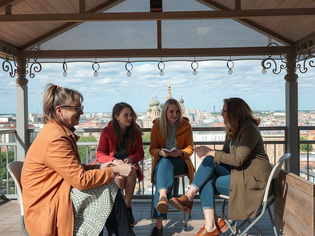 Четыре женщины общаются на открытой террасе с видом на город в ясный день.