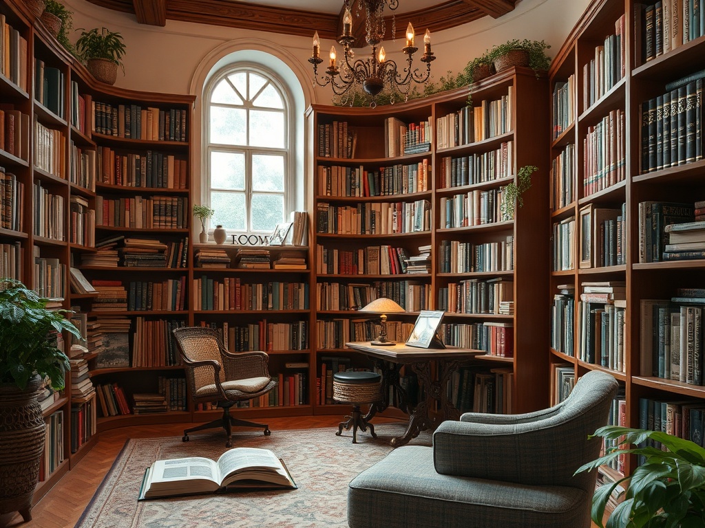 Уютная библиотека с деревянными полками, полными книг, креслом и столом, освещённая лампой и люстрой.