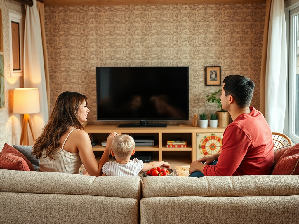 Семья сидит на диване, смотрит телевизор в уютной гостиной с растениями и мягким светом.