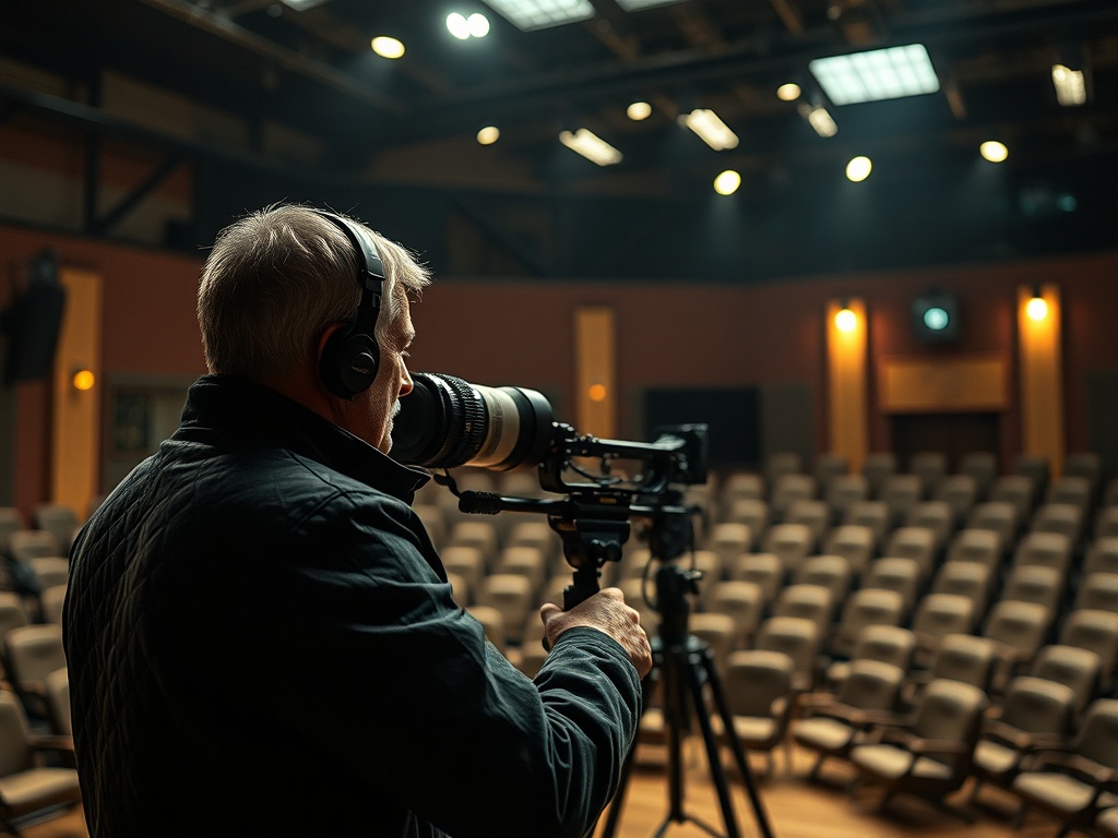 Человек с камерой и наушниками стоит в зале, готовясь к записи на фоне пустых сидений.