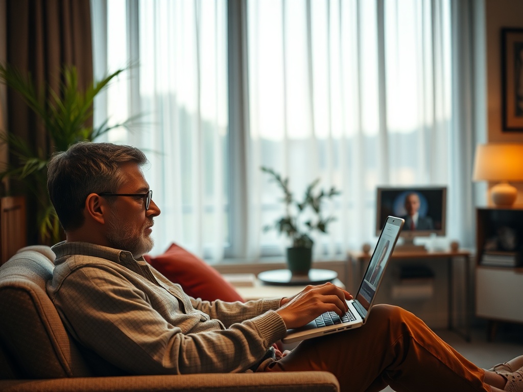 Пожилой мужчина сидит на диване и работает за ноутбуком, на заднем плане — телевизор с передачей.