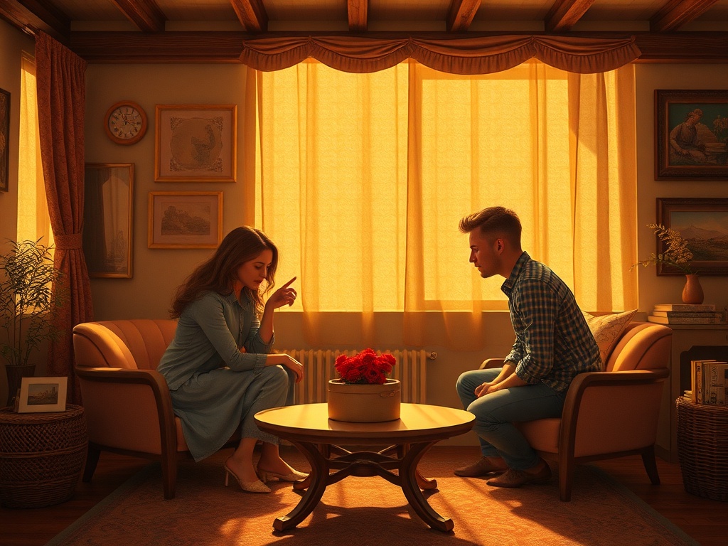 В комнате сидят парень и девушка, обсуждая что-то серьезное при мягком свете, излучаемом через занавески.
