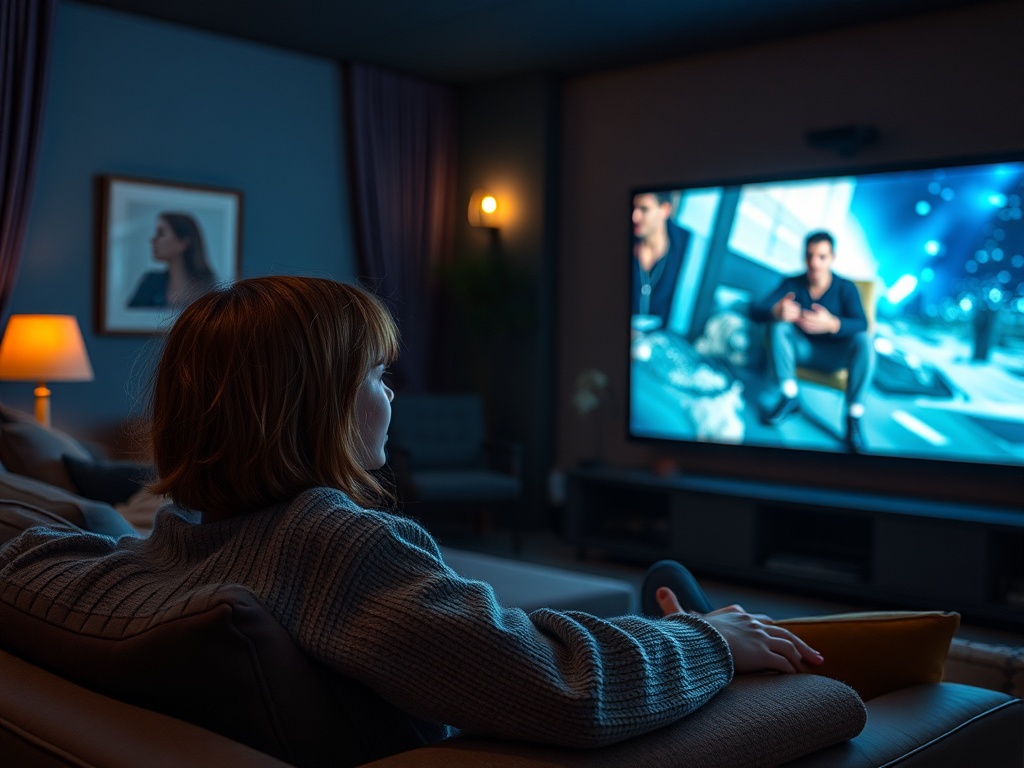 Женщина смотрит телевизор в темной комнате, уютно устроившись на диване. Включен развлекательный контент.