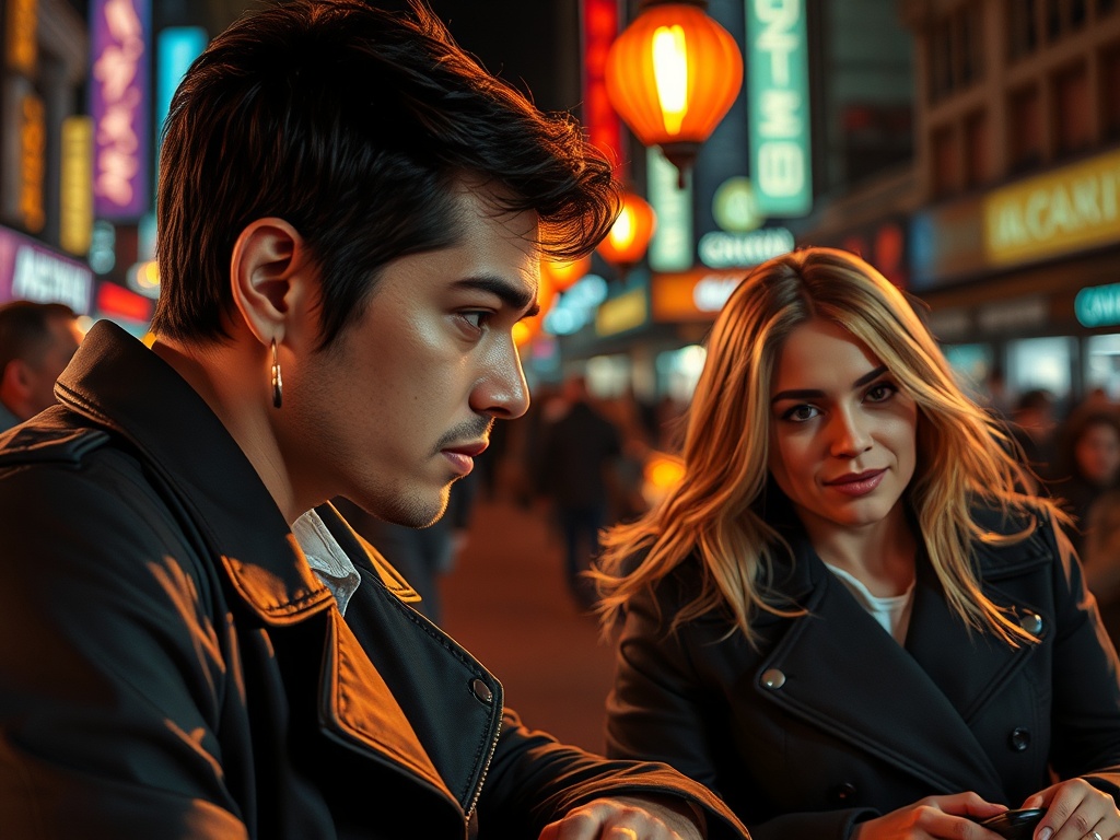 На картине молодые люди стоят на яркой улицы, окруженной светильниками и неоновыми вывесками.