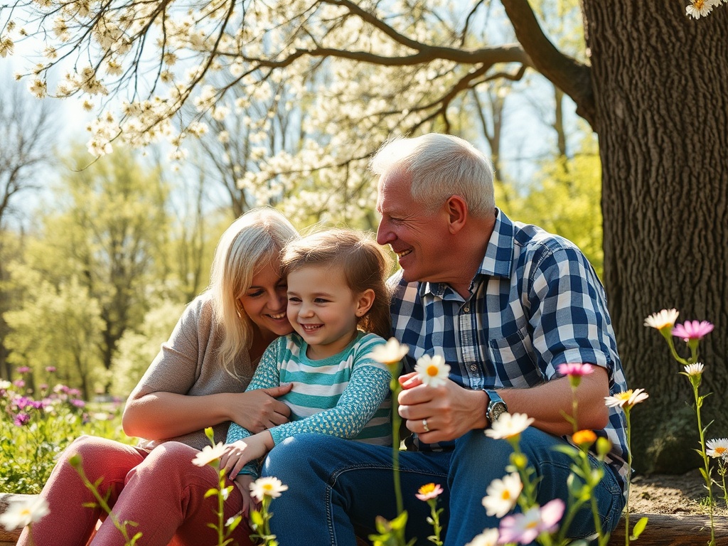 Семья отдыхает в парке среди цветов, улыбаются и наслаждаются временем вместе на солнечном дне.