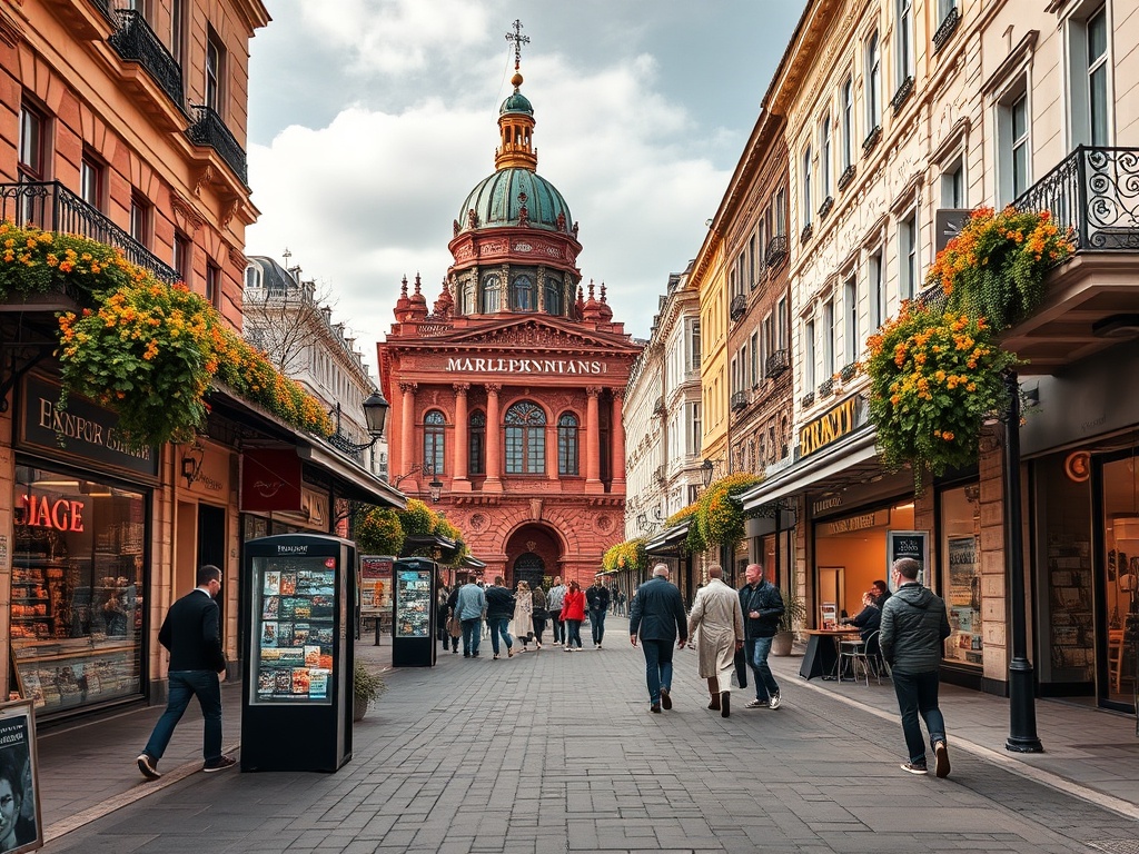 Уютная улица с магазинами и цветочными украшениями, на фоне красного здания с куполом.