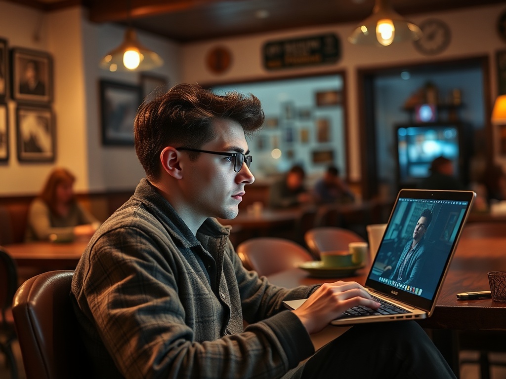 Молодой человек в очках работает на ноутбуке в кафе, вокруг других посетителей, атмосферное освещение.