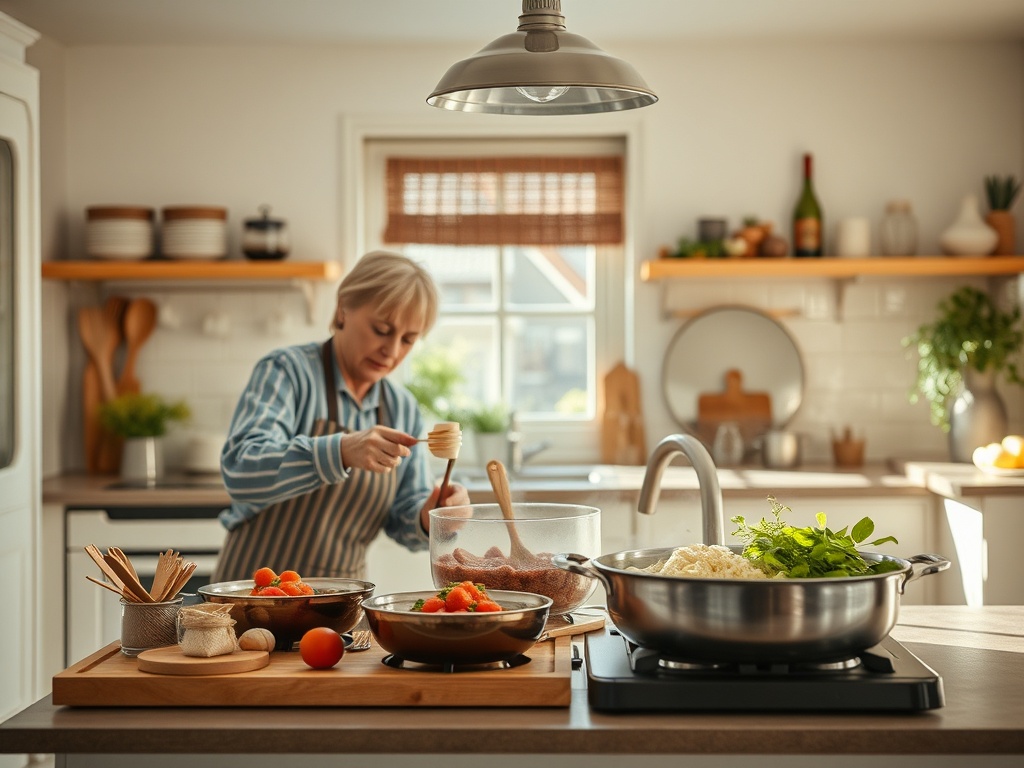 На кухне женщина готовит, добавляя ингредиенты в миску, вокруг есть овощи и посуда.