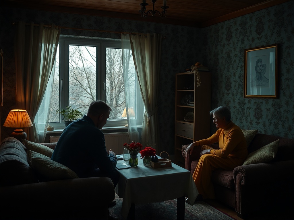 В тихой комнате мужчина и женщина ведут разговор, освещенные мягким светом и окутанные атмосферой уюта.