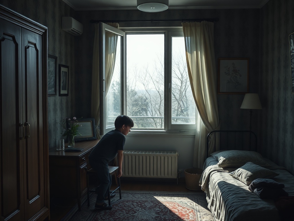 Мальчик сидит на стуле в комнате, глядя в окно с солнцем и деревьями на улице.