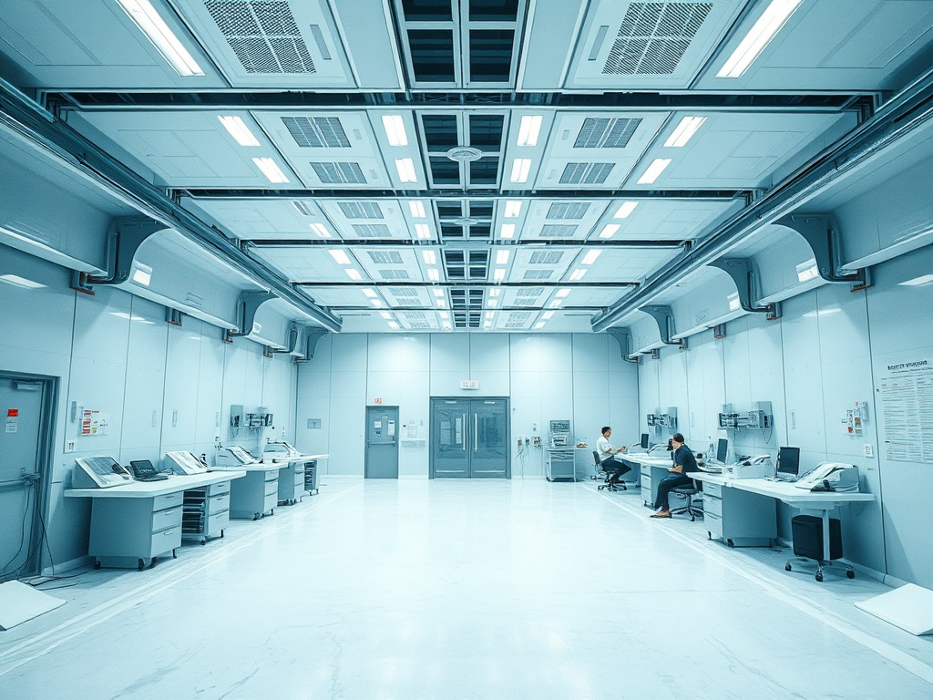Современное помещение с офисной мебелью, работники за столами, белые стены и потолок, яркое освещение.
