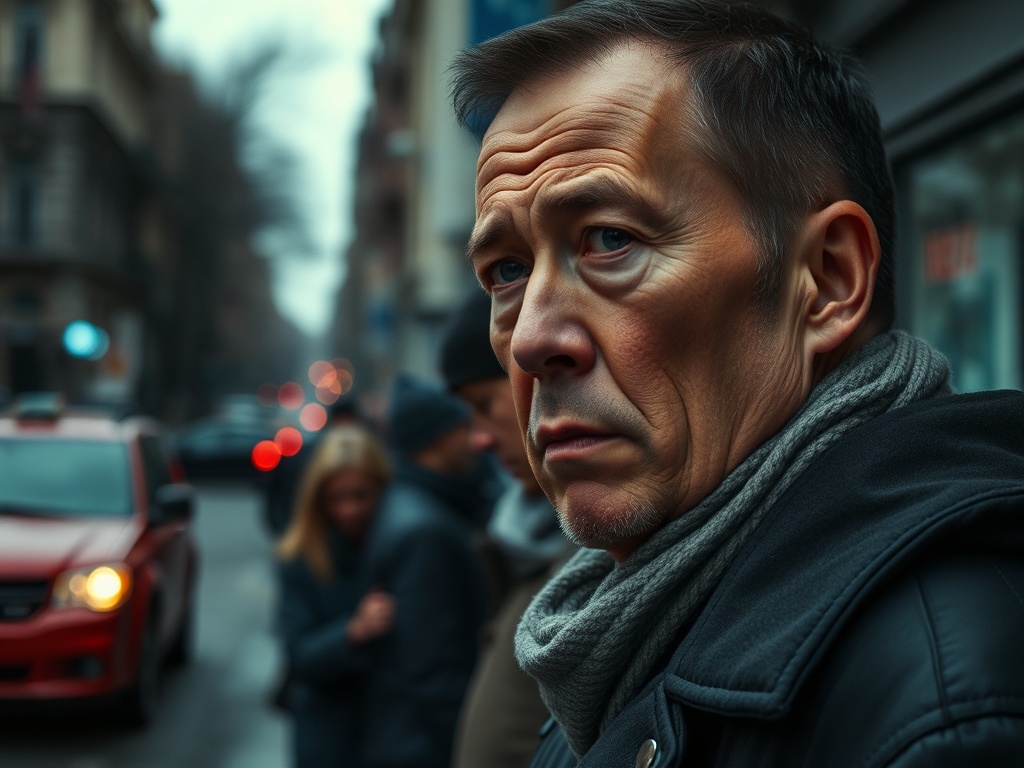 Портрет серьезного мужчины на улице, с накидкой и шарфом, на фоне размытых горожан и автомобилей.
