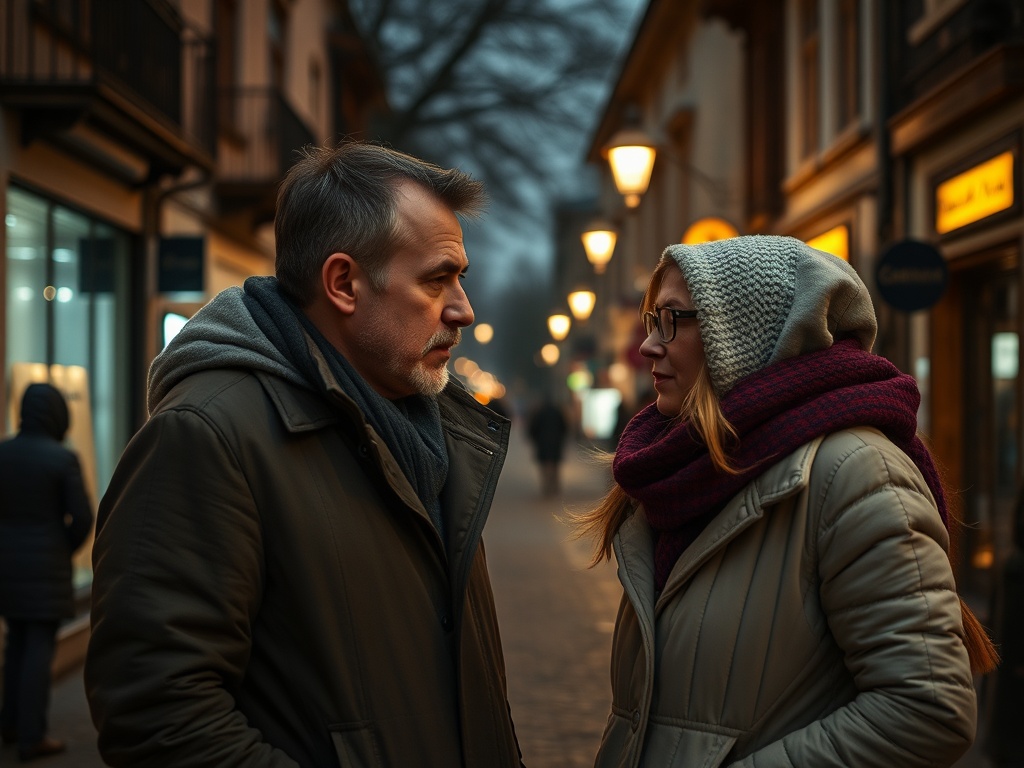 На улице вечер, мужчина и женщина разговаривают, тепло одеты, вокруг светят фонари.