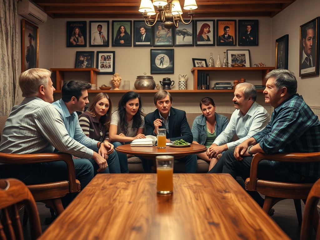 Группа людей обсуждает что-то за круглым столом в уютной комнате с фотографиями на стенах.