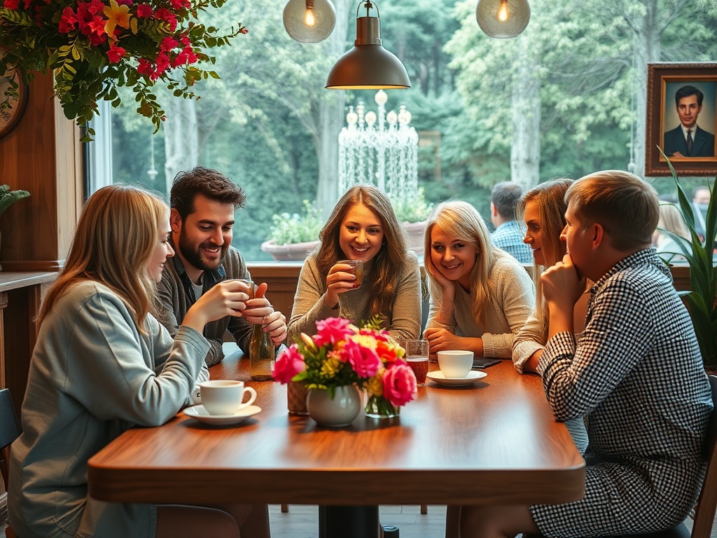 Шестеро друзей сидят за столом в кафе, наслаждаясь общением и горячими напитками, вокруг цветы и уютная атмосфера.