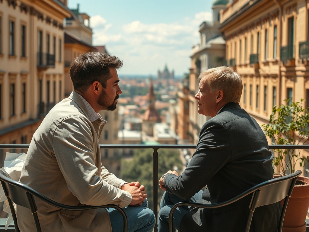 Два человека сидят на балконе и беседуют, на фоне городского пейзажа и голубого неба.