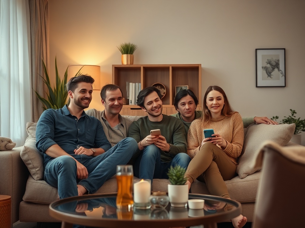 Группа друзей сидит на диване, внимательно смотрит на телефоны и общается в уютной обстановке.