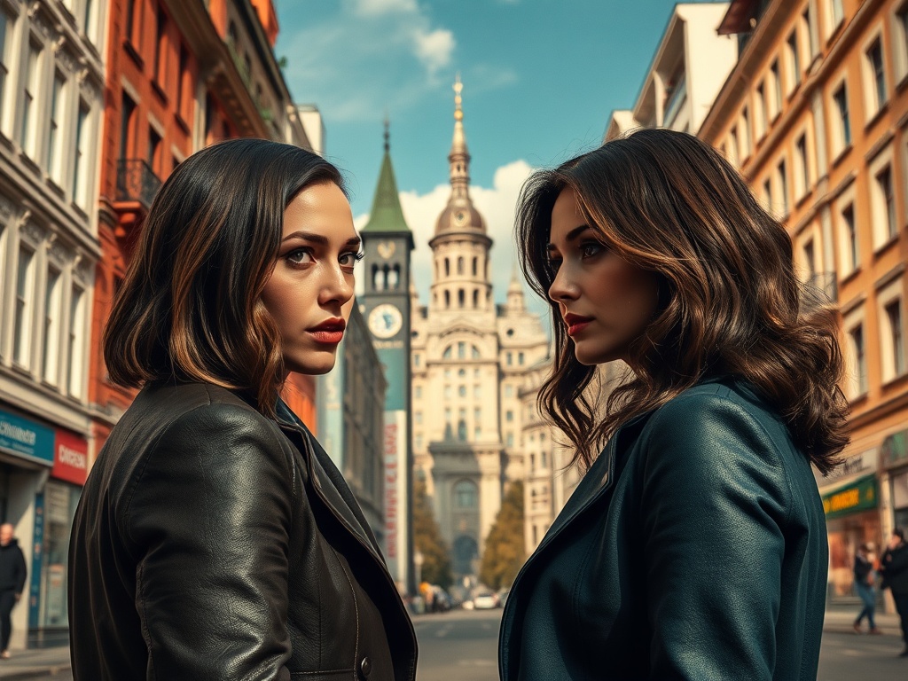 Две женщины в строгих костюмах смотрят в объектив на фоне городского пейзажа с историческими зданиями.