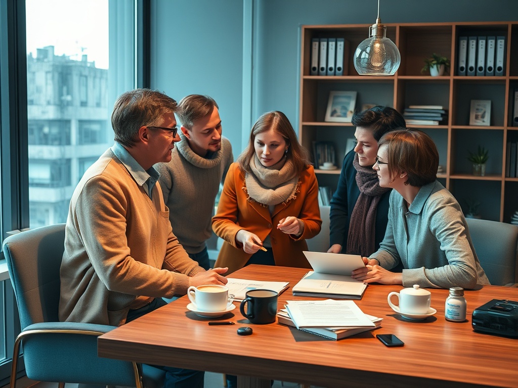 Группа людей обсуждает проект за столом в офисе, окруженном окнами с видом на город.