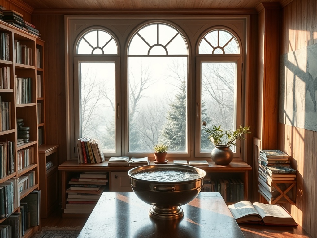 Уютная комната с библиотекой, большим окном и растениями на столе, теплый свет и атмосфера спокойствия.