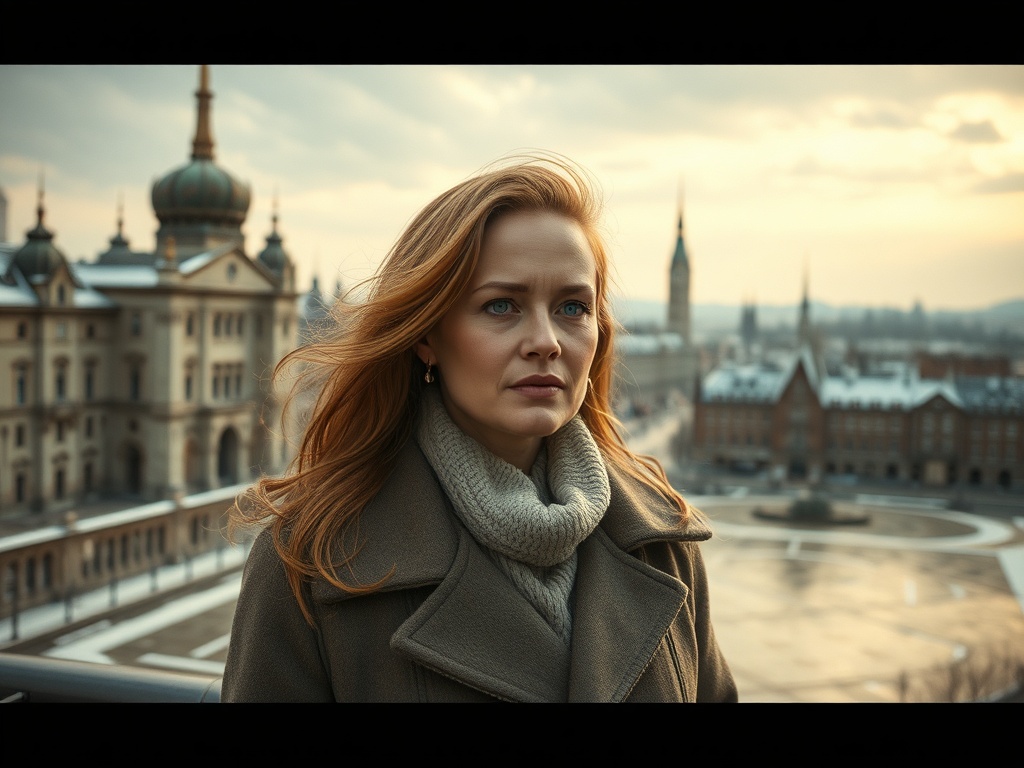 На фоне старинной архитектуры женщина с длинными волосами смотрит вдаль, закат окрашивает небо в теплые тона.