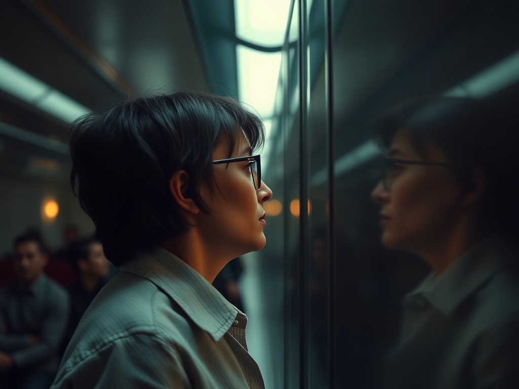 Пассажир в поезде смотрит в окно, в отражении отображается её лицо. Атмосфера задумчивости.