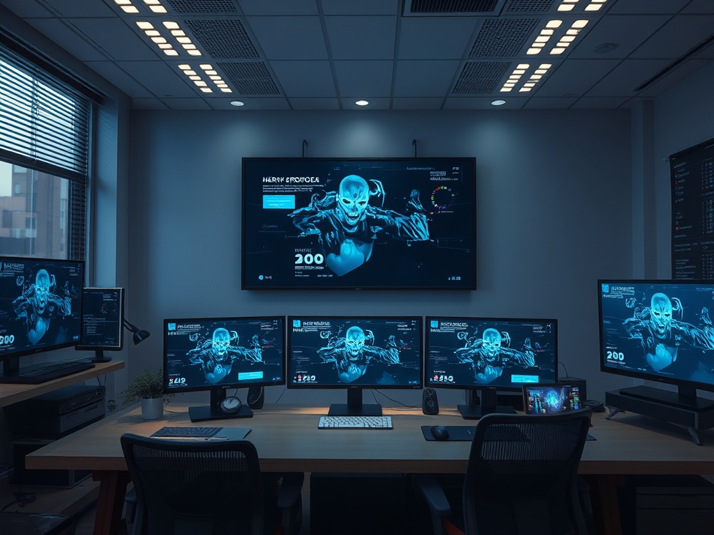 В офисе несколько мониторов с графикой на тему кибербезопасности и мониторингом данных.