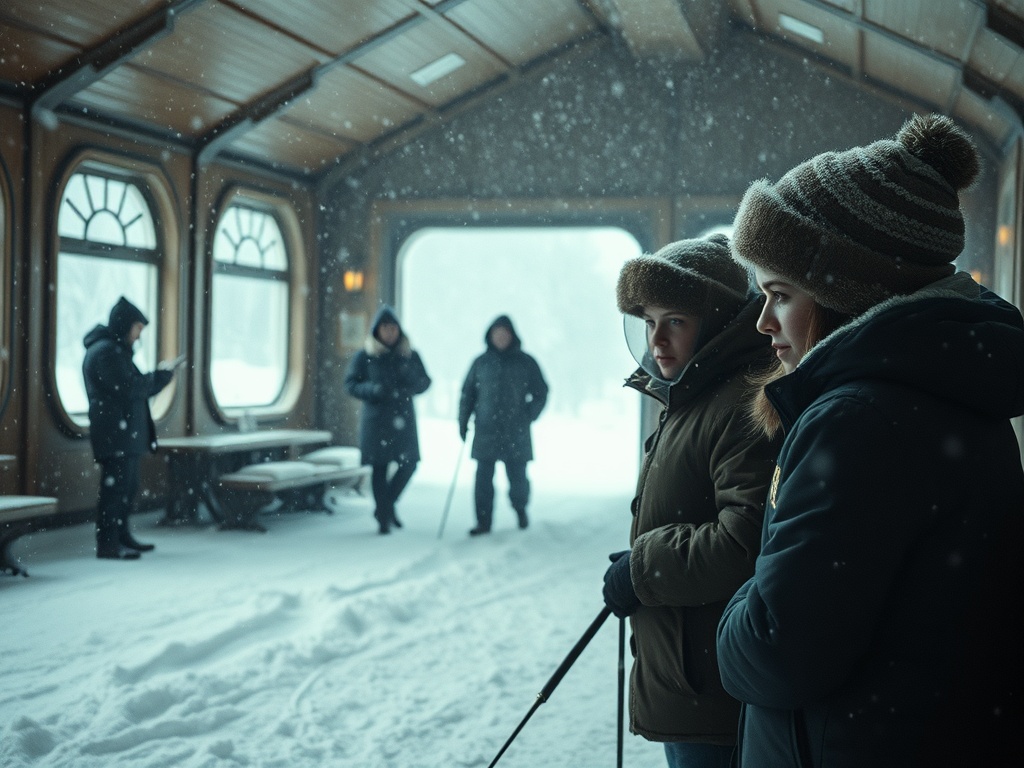 Два подростка в зимней одежде стоят в помещении, за окном идет снег. Люди вокруг заняты своими делами.