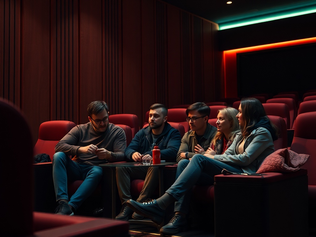 Группа людей обсуждает фильм в уютном кинозале с красными креслами. Атмосфера дружелюбная и расслабленная.