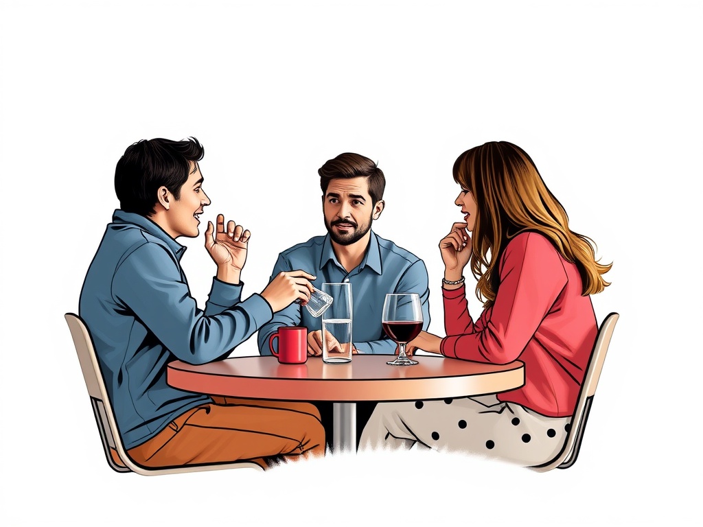 Трое людей за столом обсуждают что-то; на столе стакан с напитком и чашка. Атмосфера дружеская и разговорная.
