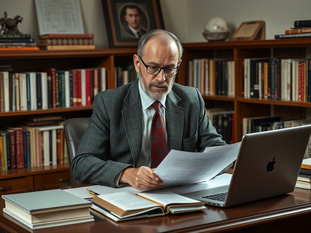 На изображении мужчина в костюме читает документы за столом, у которого стоят книги и ноутбук.