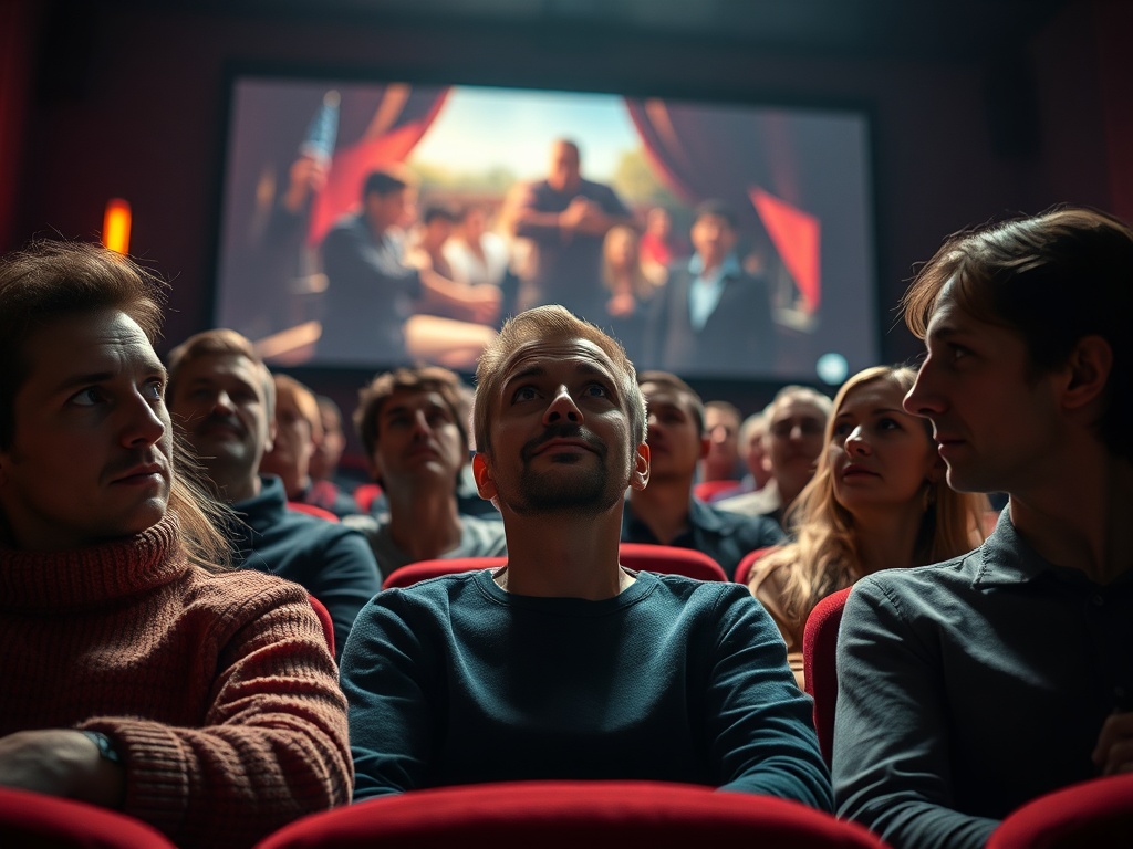Зрители в кинотеатре внимательно смотрят на экран, где показывают фильм. Атмосфера ожидания.