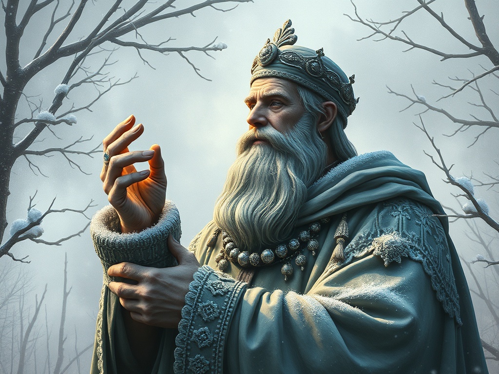 Старец с длинной белой бородой, в короне и теплой одежде, стоит среди снежных деревьев в тумане.