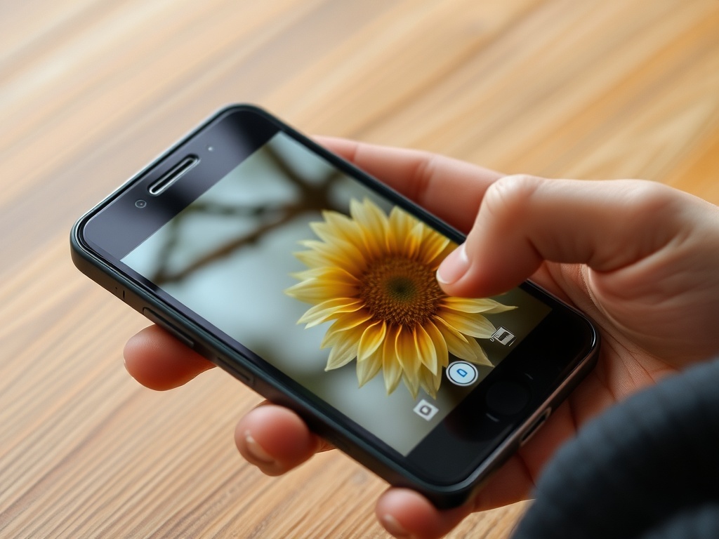 Человек держит смартфон, на экране которого изображен цветок подсолнуха.