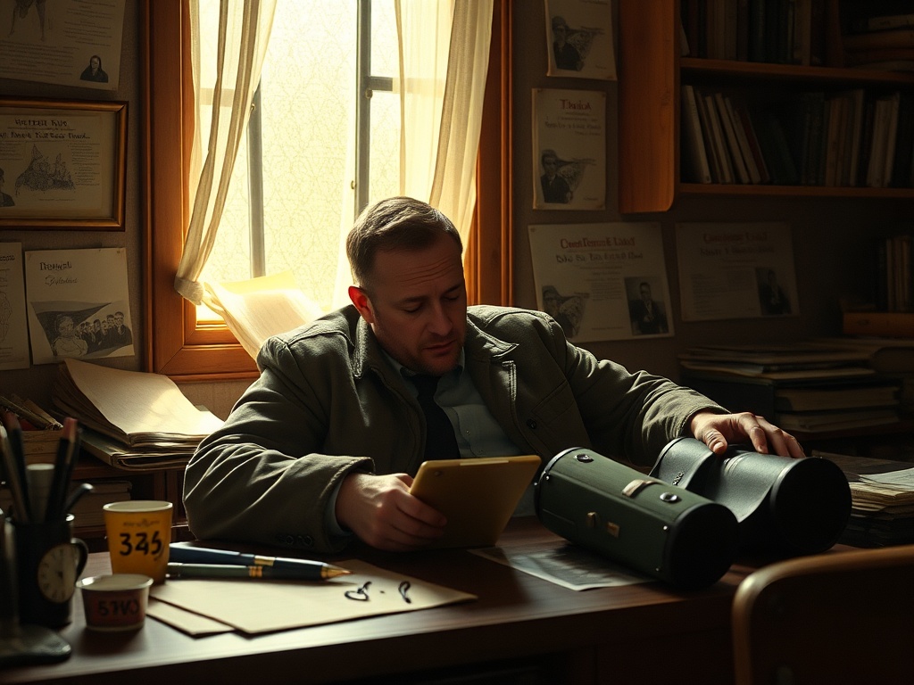 Мужчина читает на планшете в уютном кабинете, окружённый книгами и документами. На столе чашка и блокнот.