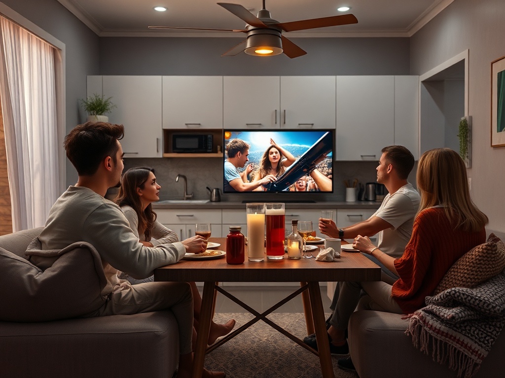 Четыре человека сидят за столом, смотрят фильм и наслаждаются ужином в уютной обстановке.