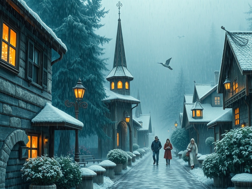 Зимний пейзаж с домиками, заснеженными деревьями и людьми, гуляющими по улице под дождем в зимней атмосфере.