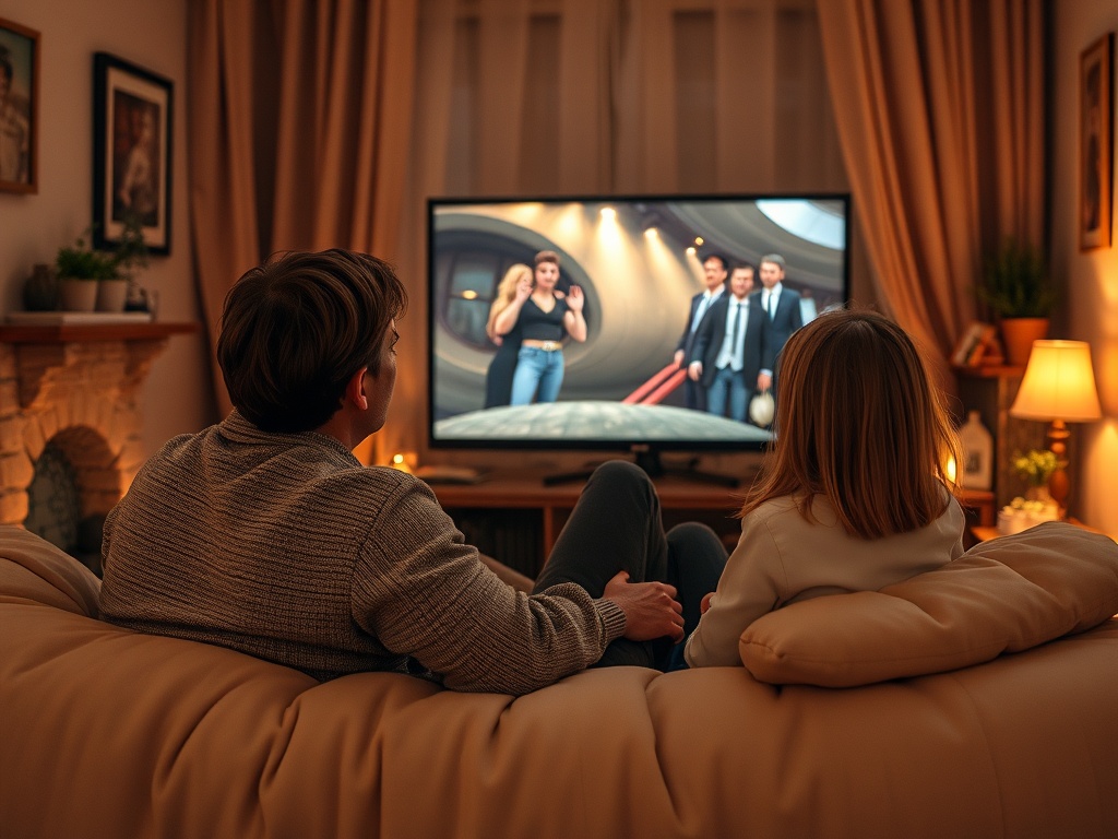 На картине изображены мужчина и девочка, смотрящие телевизор в уютной комнате.