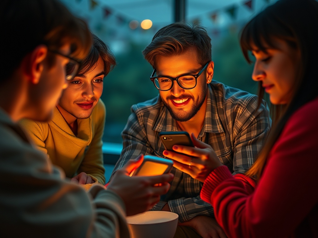 Четыре человека сидят вместе, освещенные мягким светом, смотрят на свои телефоны и обсуждают что-то интересное.