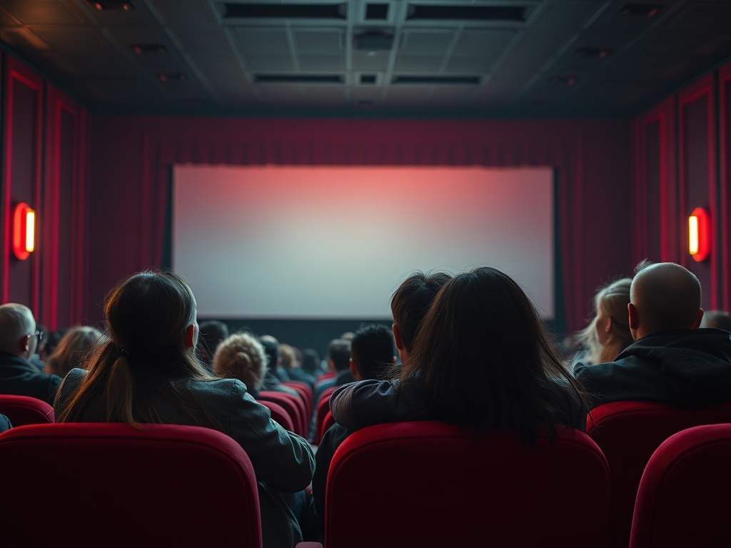 Зрители в зале кинотеатра ожидают начала фильма перед экраном. Уютная атмосфера с красными акцентами.