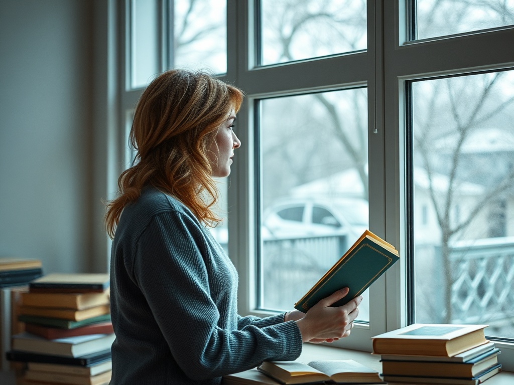 Женщина стоит у окна с книгой в руках, глядя на серый зимний пейзаж. Рядом стопка книг.