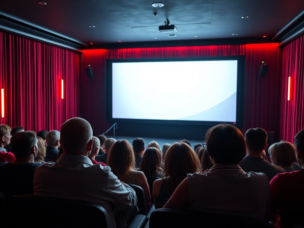 Зал кинотеатра с людьми, сидящими на стульях, перед экраном, готовым к показу фильма.
