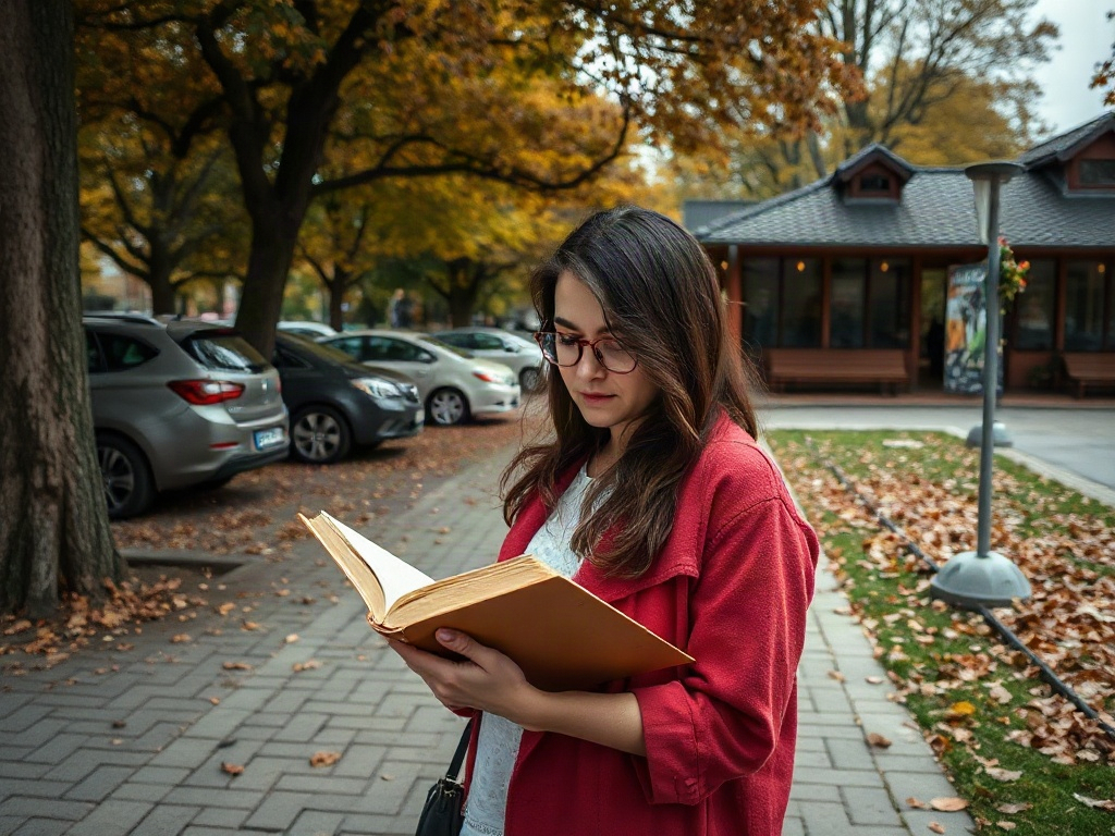 Девушка в очках читает книгу на улице в осеннее время, вокруг ветер и желтые листья.