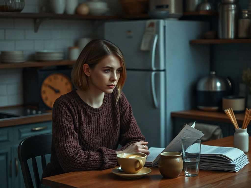 Молодая женщина с книгой сидит за столом в уютной кухне, рядом чашка кофе и стакан воды.